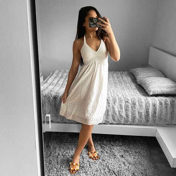 White Tied Neck Backless Eyelet Lace Midi Babydoll Dress - Picture 2 of 6